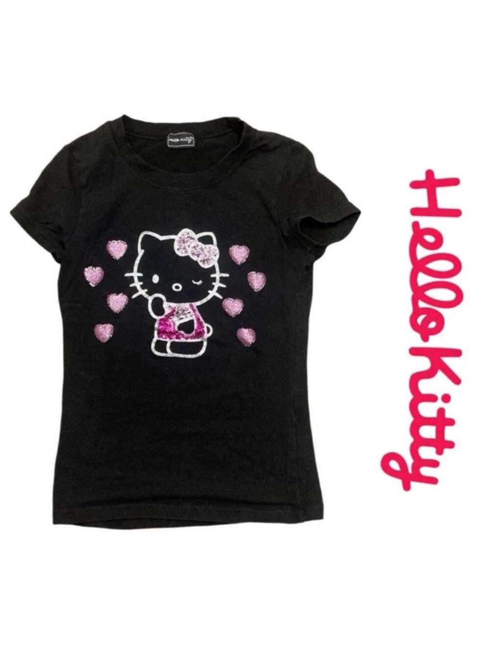 Y2K HELLO KITTY Bedazzled Pink Black Short Sleeve T Shirt